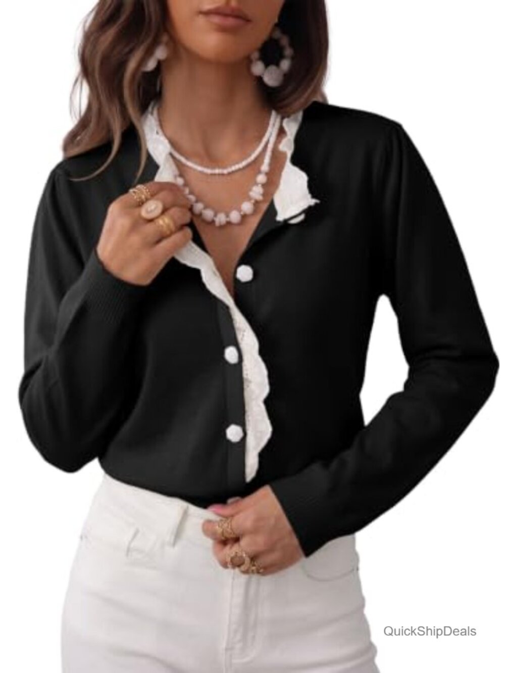 Womens Long Sleeve Lace Trim Button Down Cardigan Sweater V-Neck